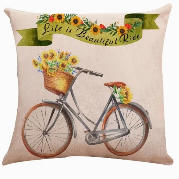 NEW LIFE IS BEAUTIFUL RIDE VINTAGE BICYCLE SUNFLOWERS LINEN PILLOW COVER 17.7" - Picture 1 of 5